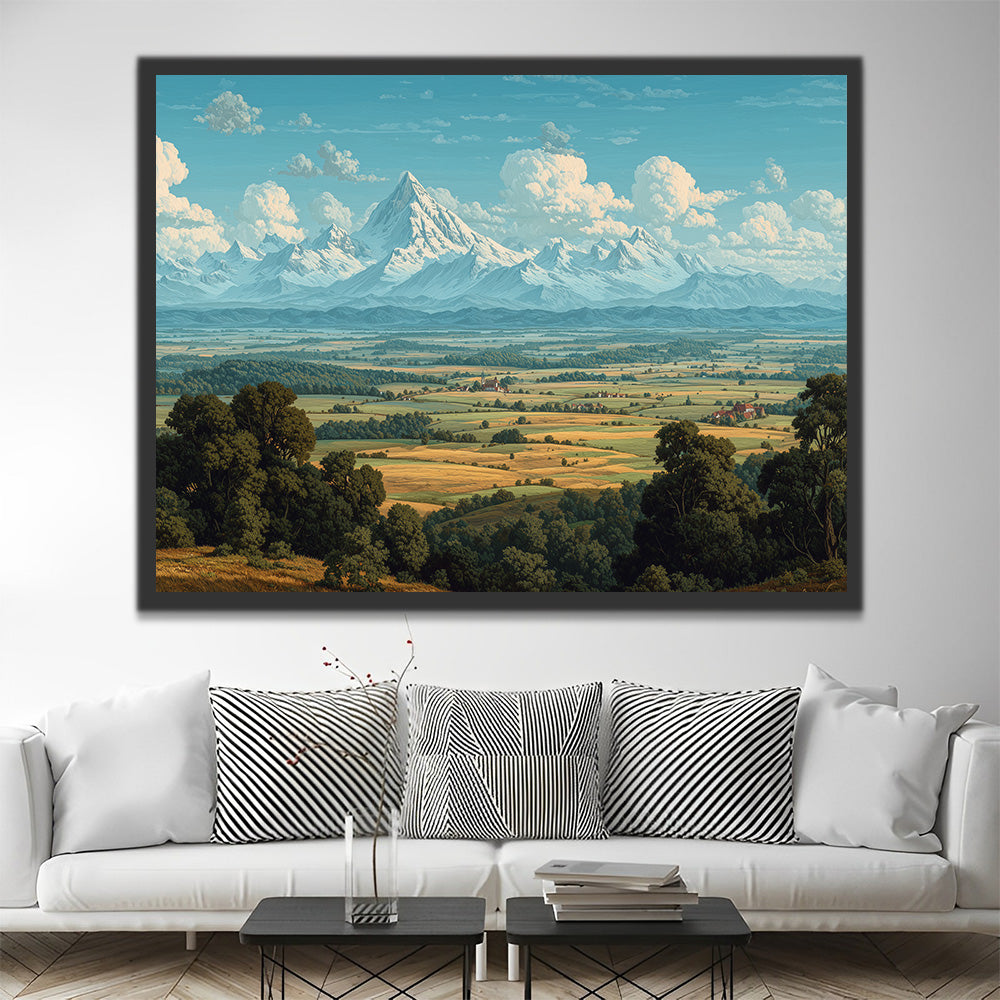 Green Fields at the Foot of Snow-Capped Mountains Paint by Numbers