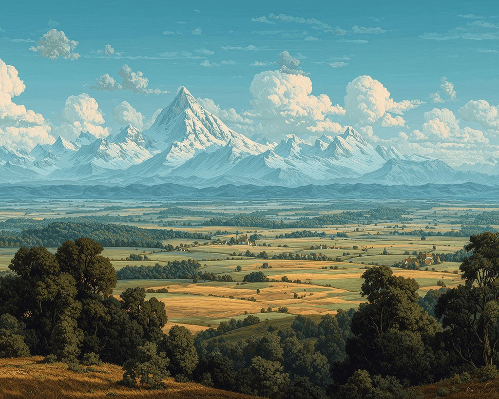 Green Fields at the Foot of Snow-Capped Mountains Paint by Numbers