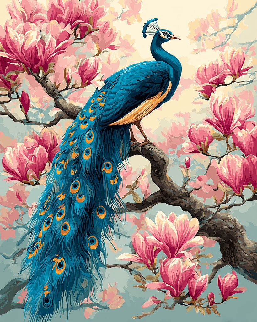 Green Peacock on A Pink Magnolia Tree Paint by Numbers