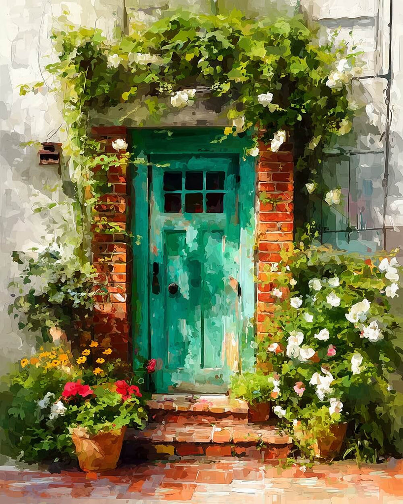 Green Wooden Door and Floral Vines Paint by Numbers