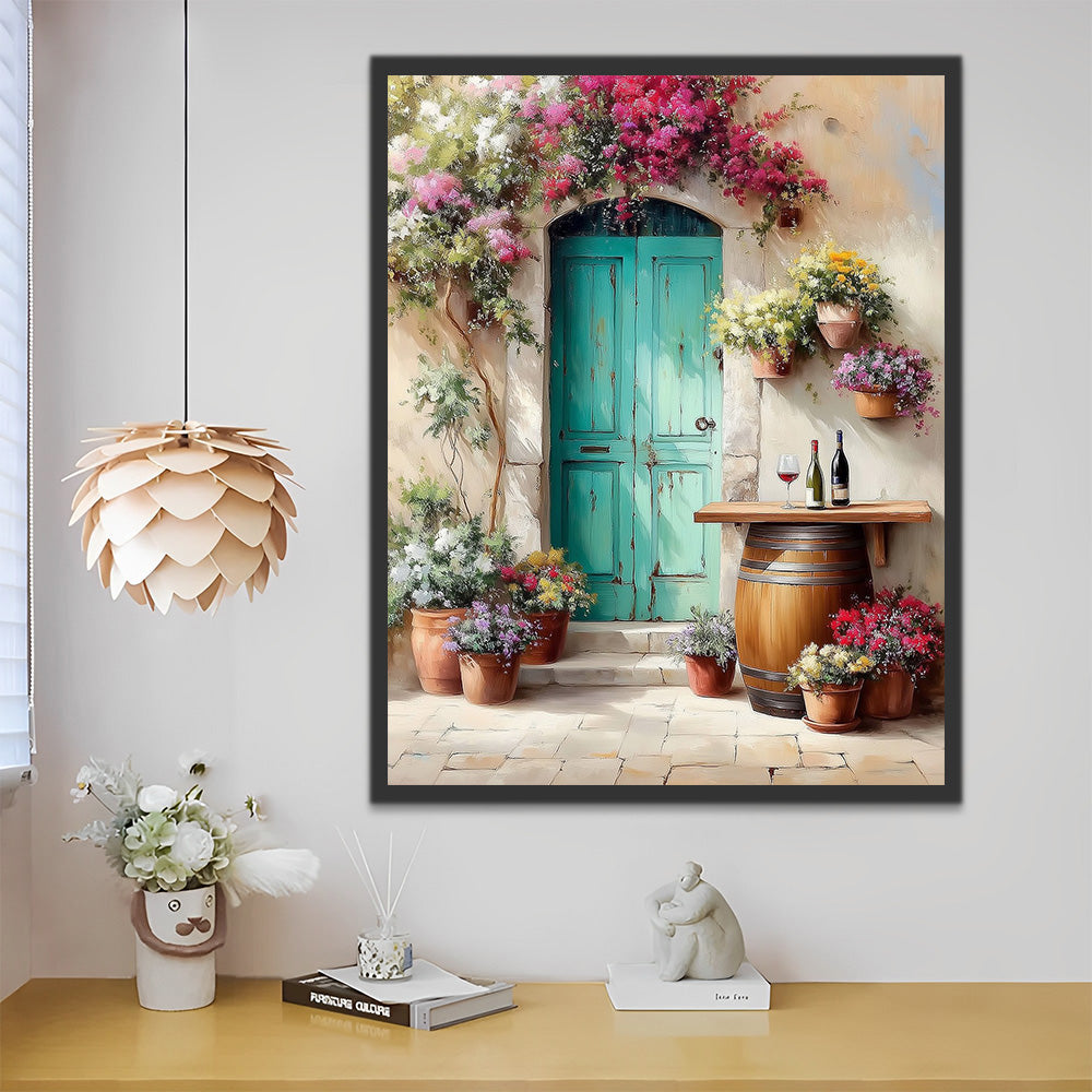 Green Wooden Door and Red Potted Flowers Paint by Numbers