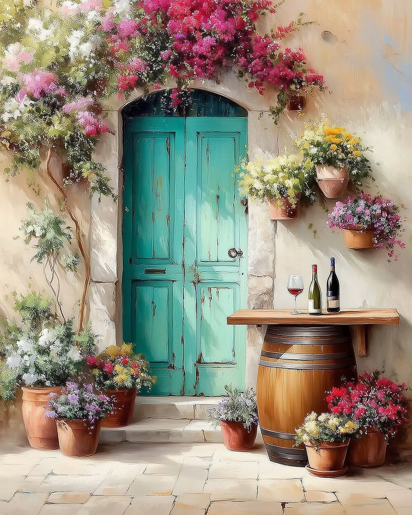 Green Wooden Door and Red Potted Flowers Paint by Numbers