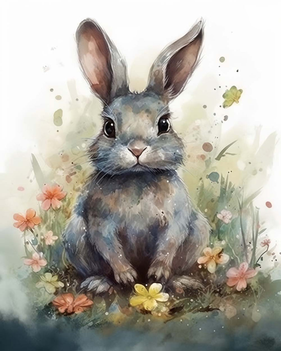 Paint by Numbers Grey Rabbit and Flowers – Happyforart.com