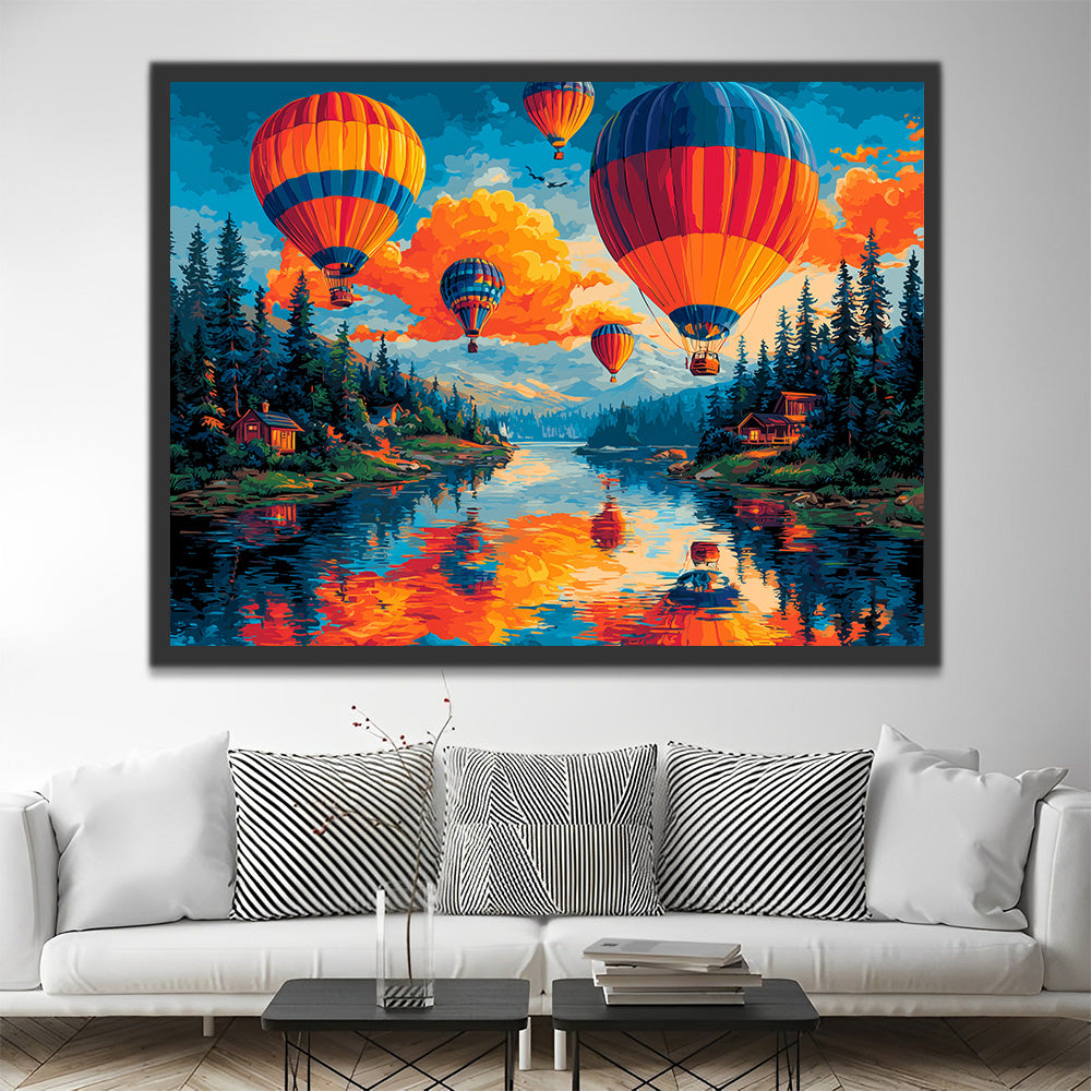 Hot Air Balloons above Forest River Paint by Numbers