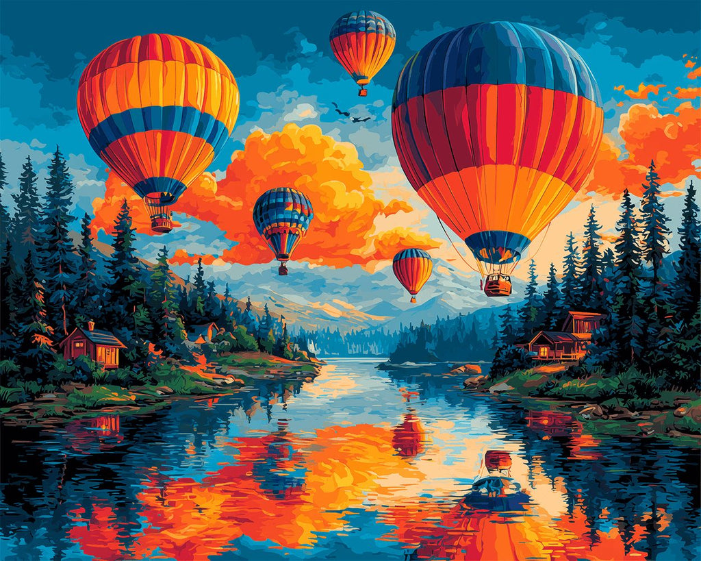 Hot Air Balloons above Forest River Paint by Numbers
