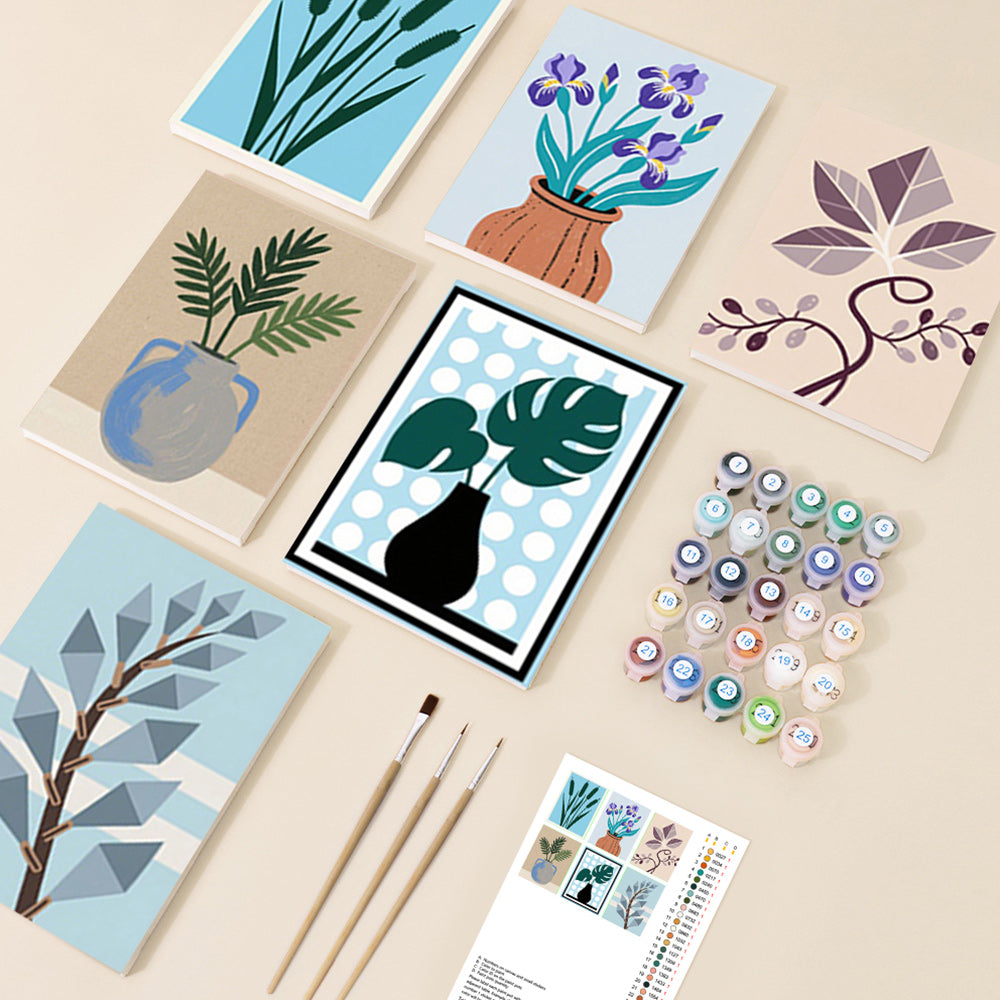 Irises and Monstera Leaves in Vases 6 Pieces Mini Paint by Numbers