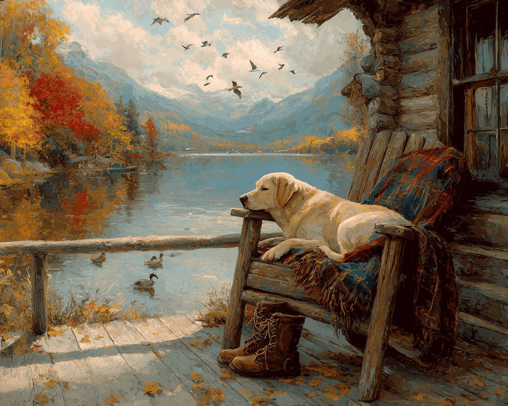 Labrador Retriever in front of Mountain Hut Paint by Numbers