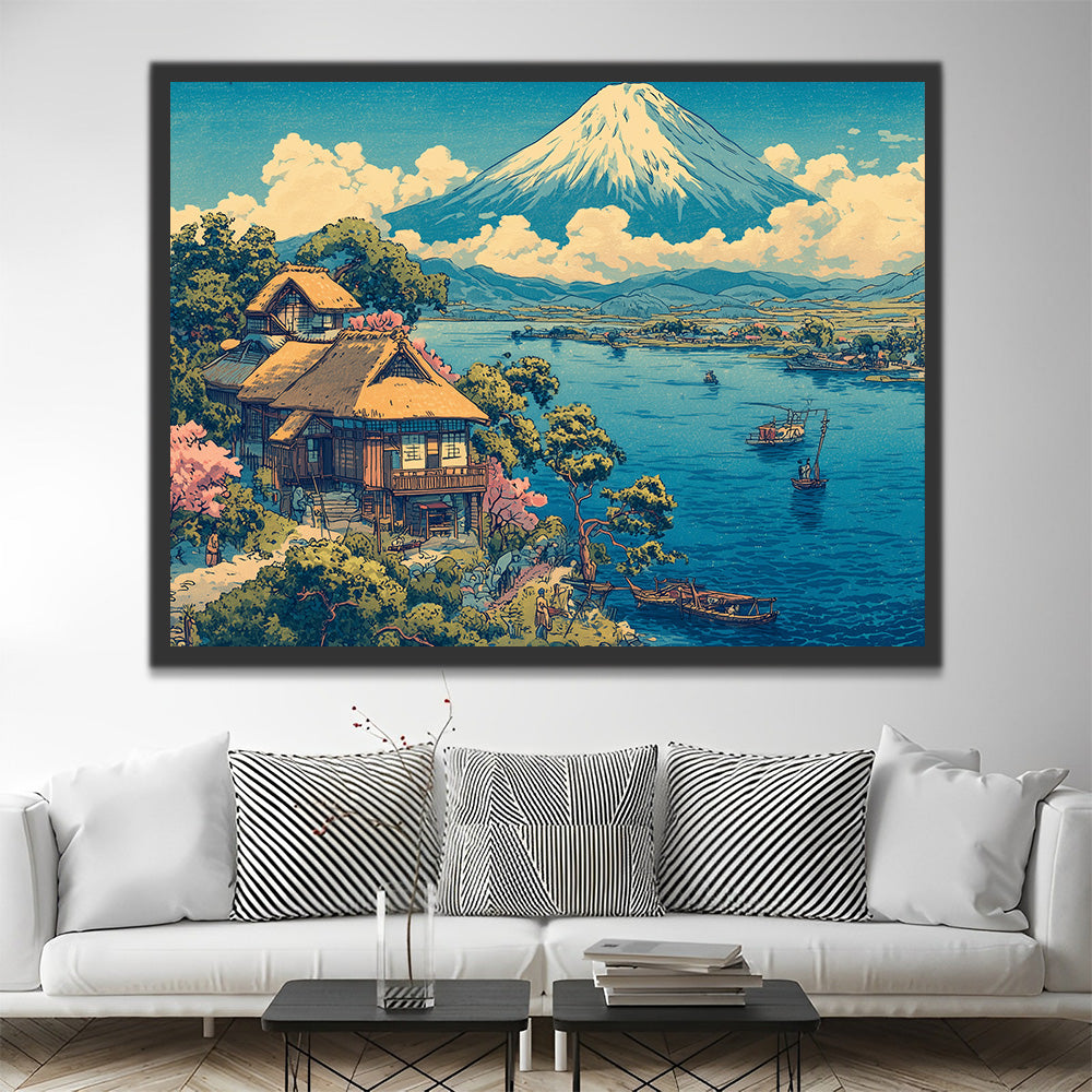 Lake and Houses under Mount Fuji Paint by Numbers