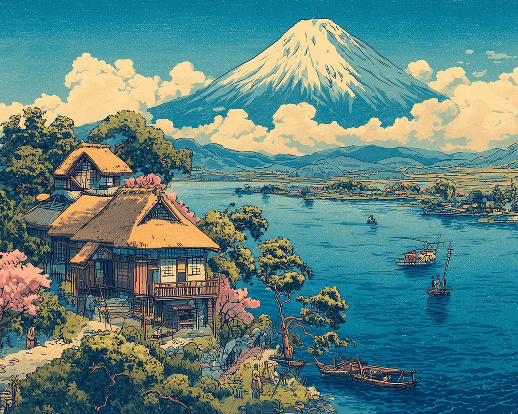 Lake and Houses under Mount Fuji Paint by Numbers