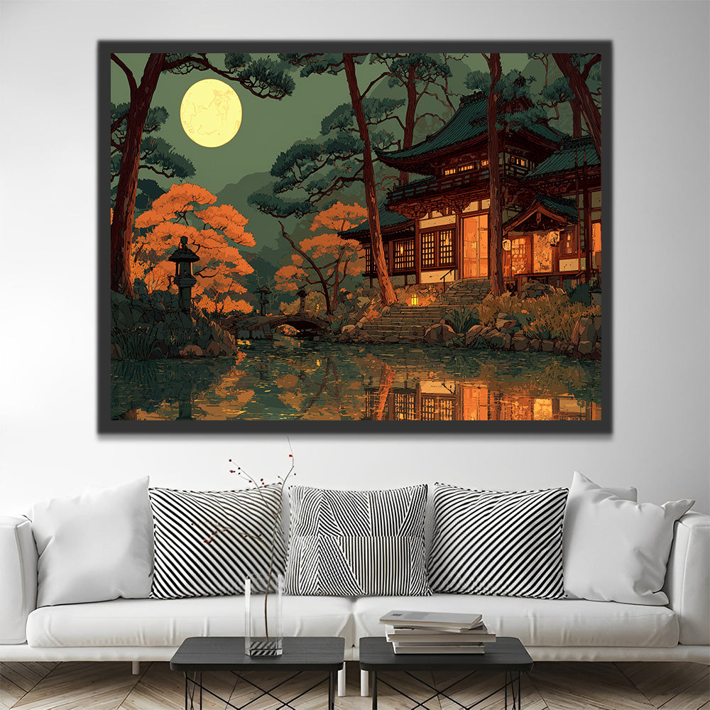 Lakeside Temple and Tree Shadows under the Moonlight Paint by Numbers