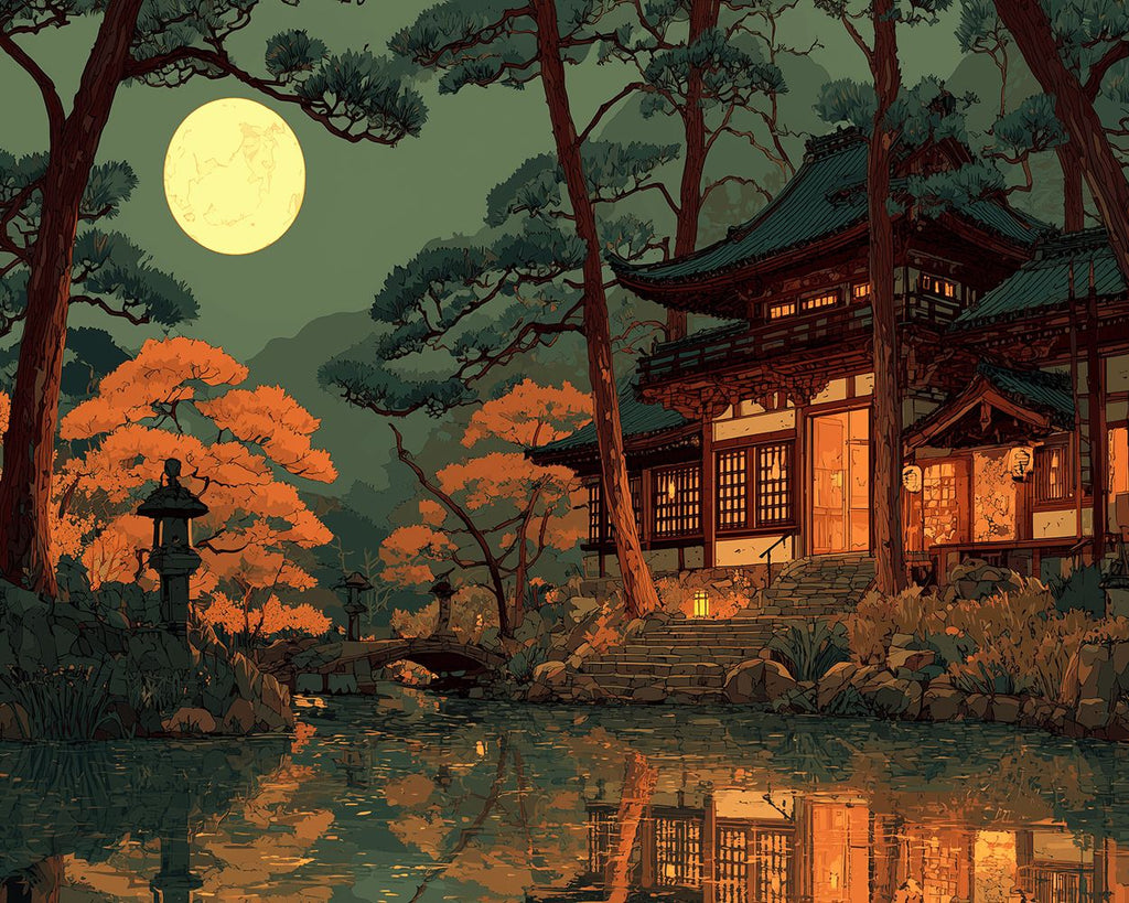Lakeside Temple and Tree Shadows under the Moonlight Paint by Numbers