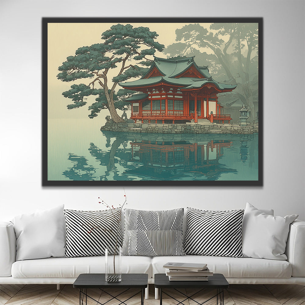 Lakeside Temple and Trees Paint by Numbers