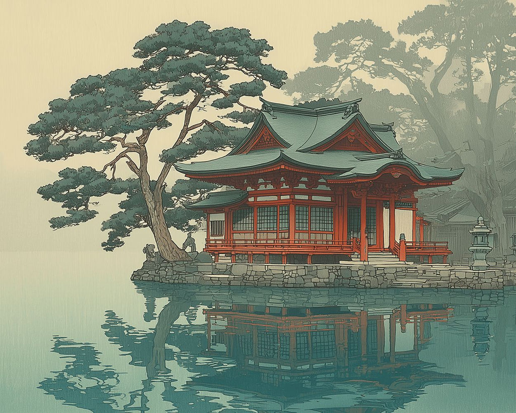 Lakeside Temple and Trees Paint by Numbers