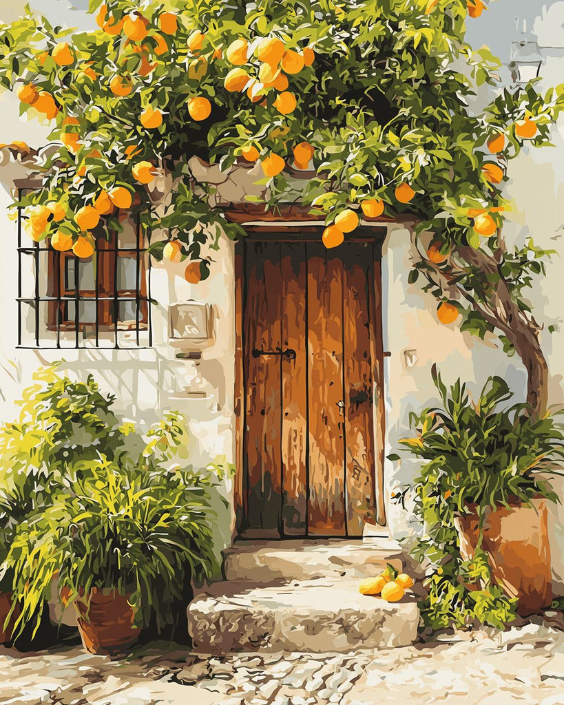 Lemon Tree in front of Wooden Door Paint by Numbers