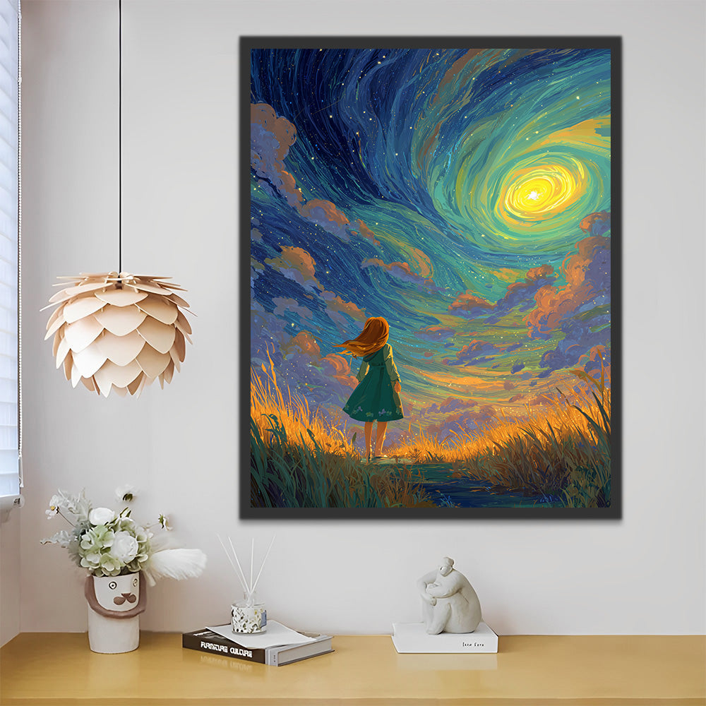 Little Girl on the Grassland Looking at the Aurora Paint by Numbers