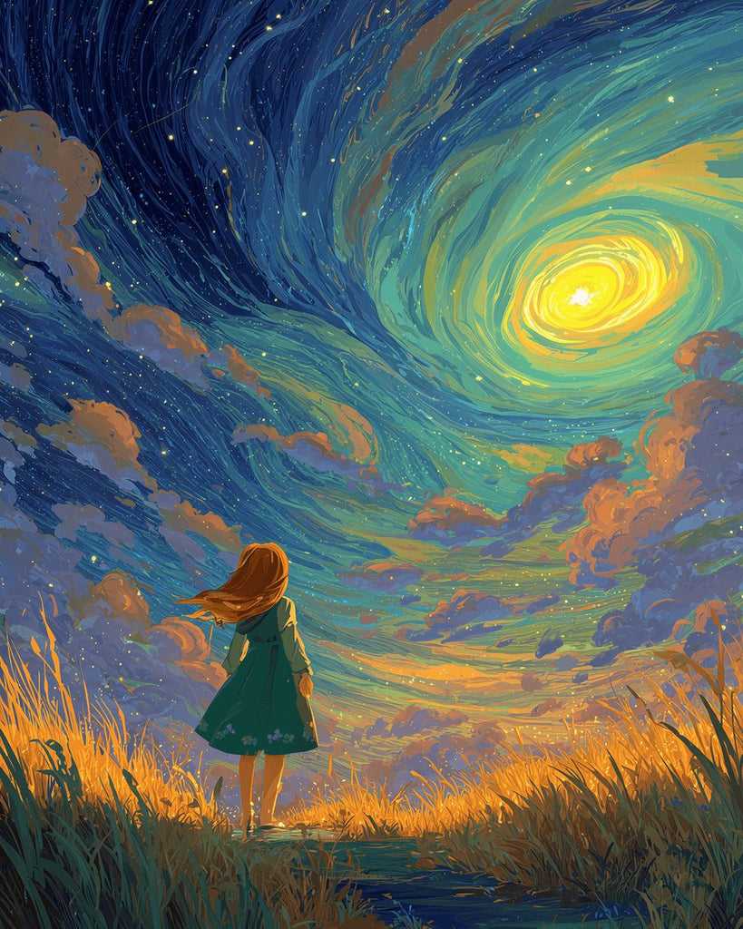Little Girl on the Grassland Looking at the Aurora Paint by Numbers