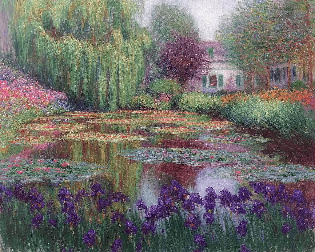 Lotus Pond and Purple Iris Bushes in the Countryside Paint by Numbers