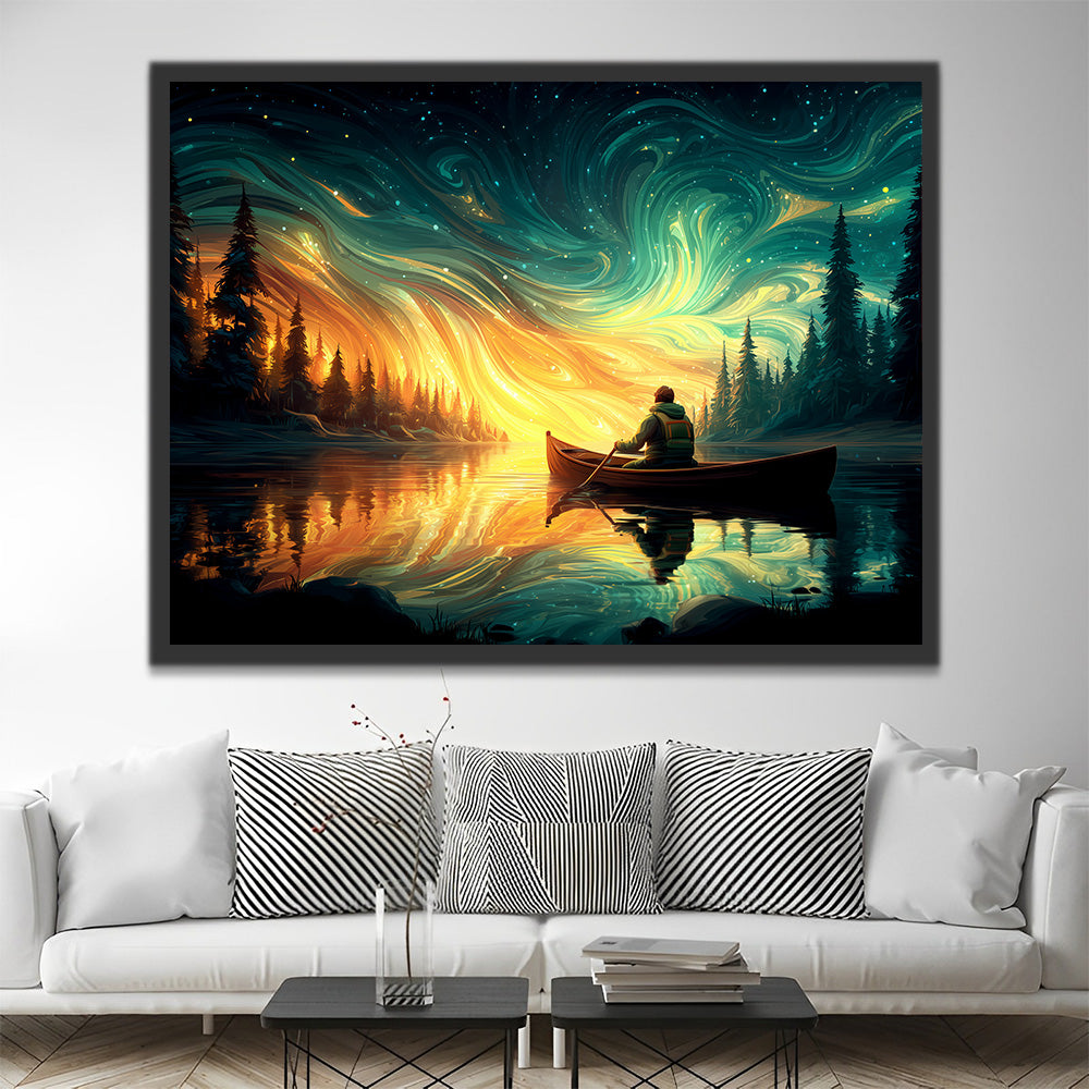 Man Rowing under the Golden Green Aurora Paint by Numbers