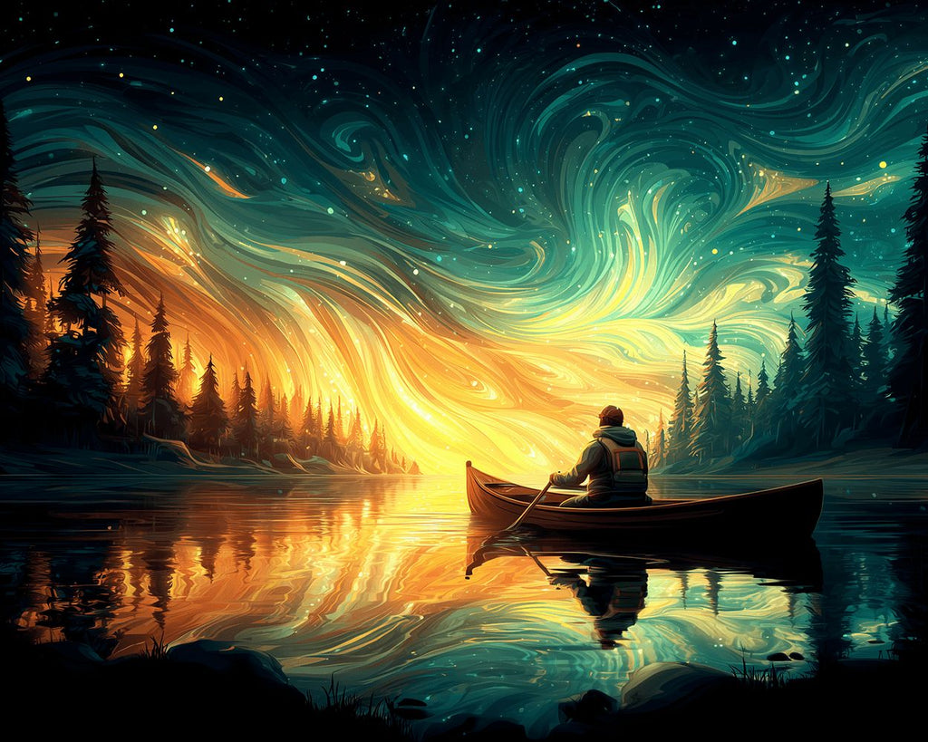 Man Rowing under the Golden Green Aurora Paint by Numbers