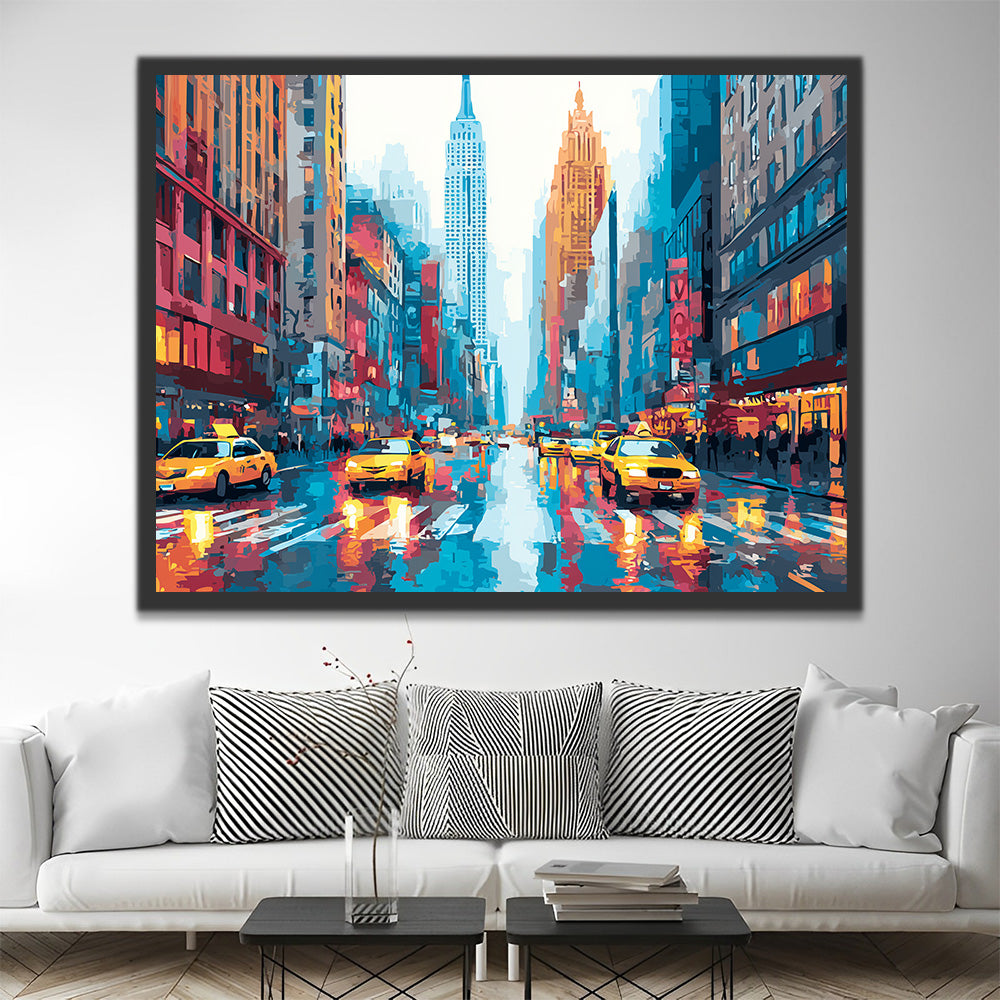 Modern City and Taxi in the Rain Paint by Numbers