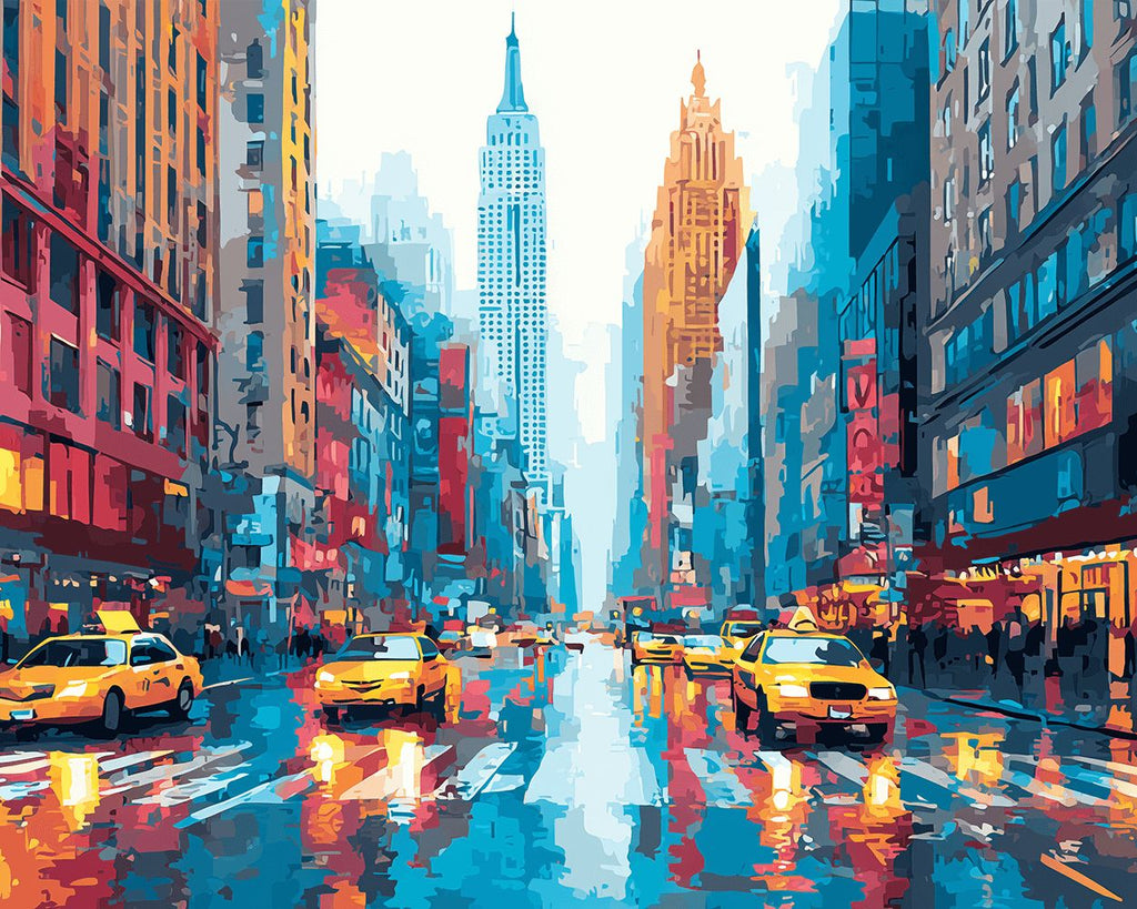 Modern City and Taxi in the Rain Paint by Numbers