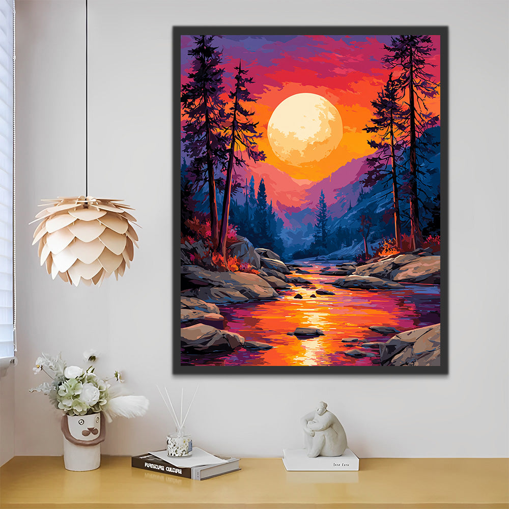 Mountain Stream at Sunset Paint by Numbers