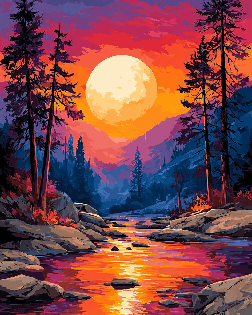 Mountain Stream at Sunset Paint by Numbers