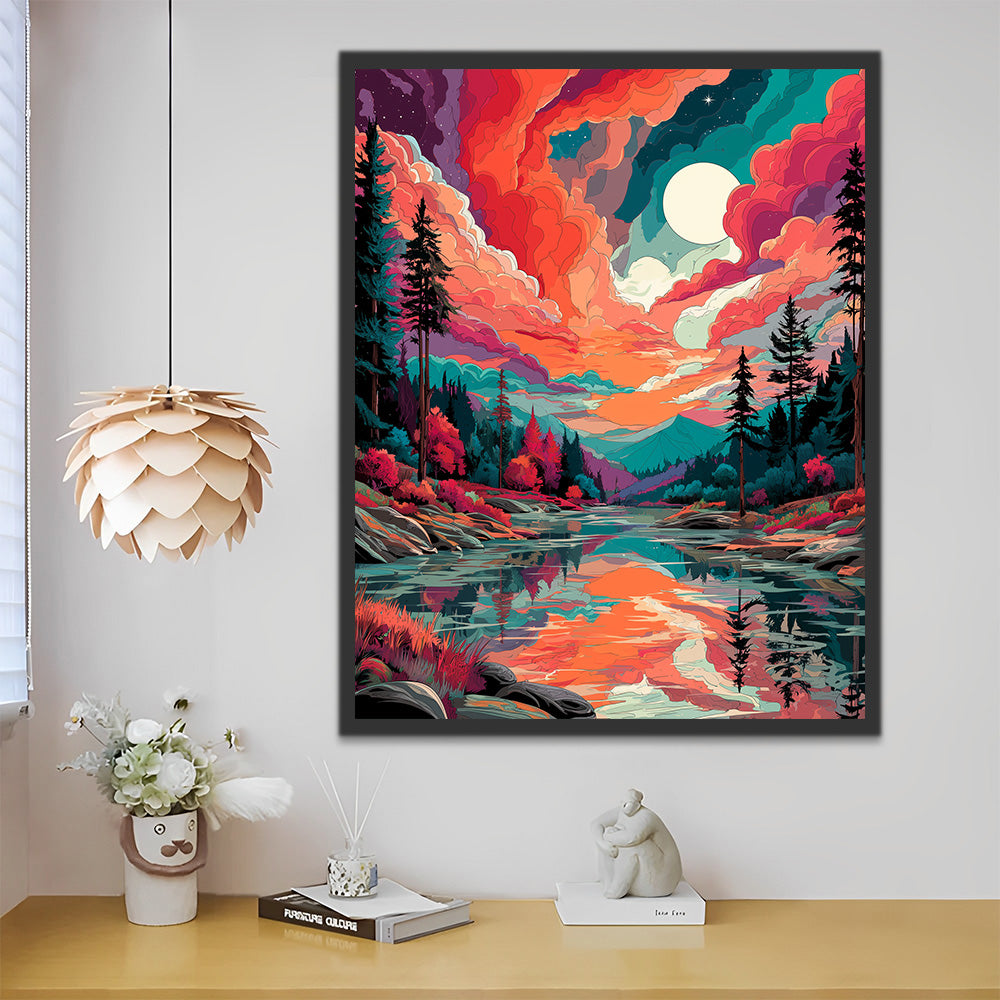 Mountain Stream under the Colorful Clouds Paint by Numbers