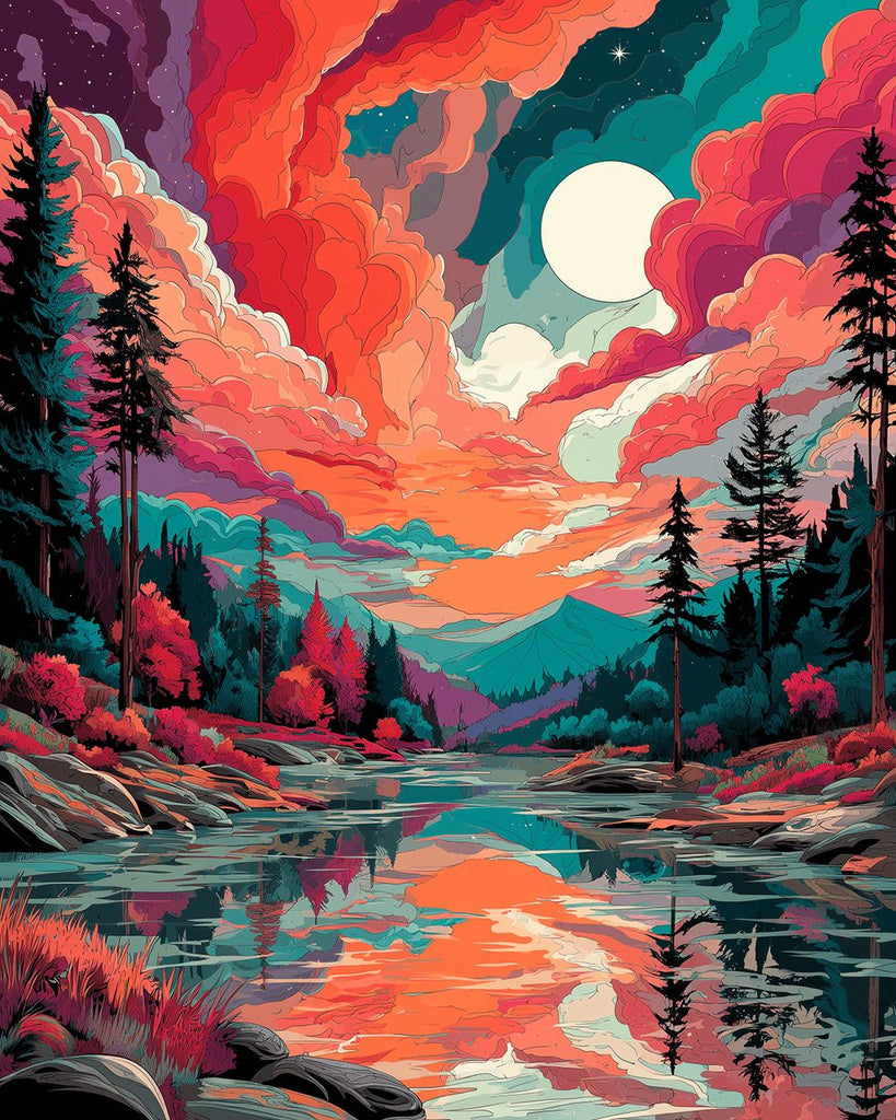 Mountain Stream under the Colorful Clouds Paint by Numbers