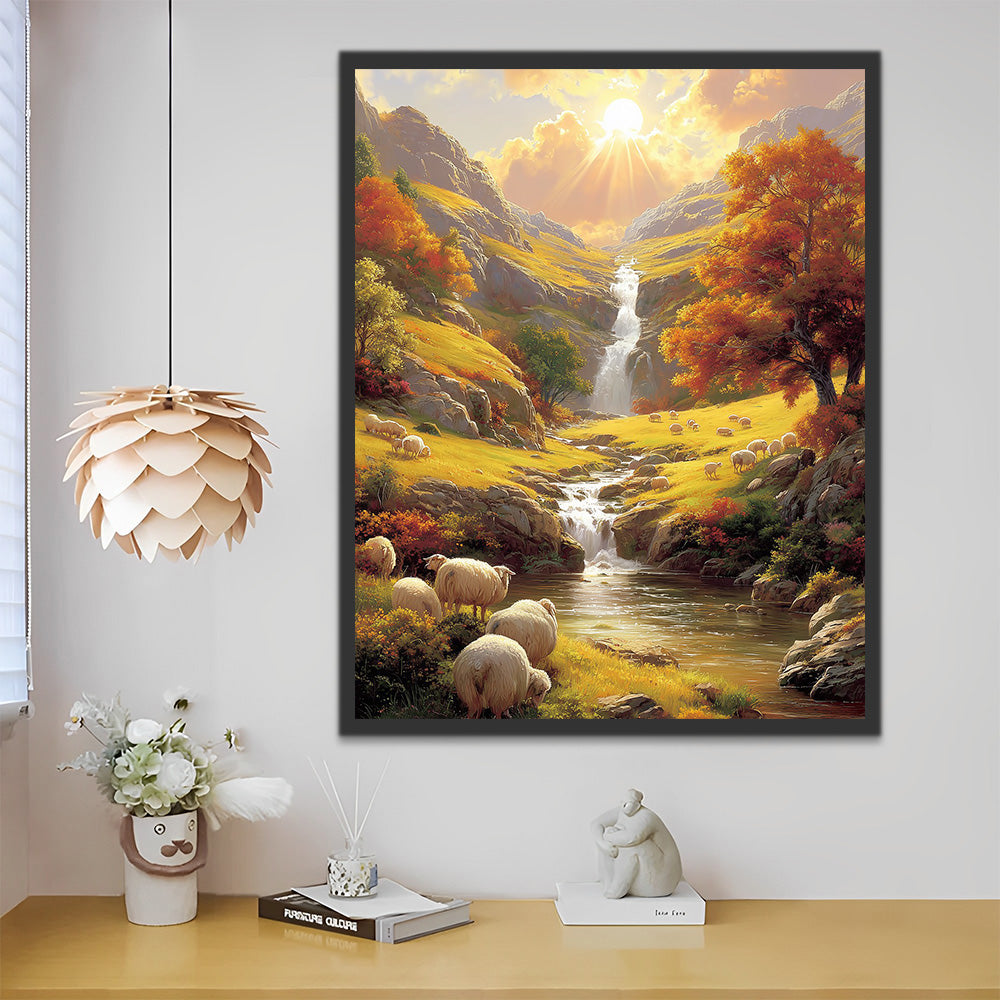 Mountain Waterfall and Flocks of Sheep Paint by Numbers