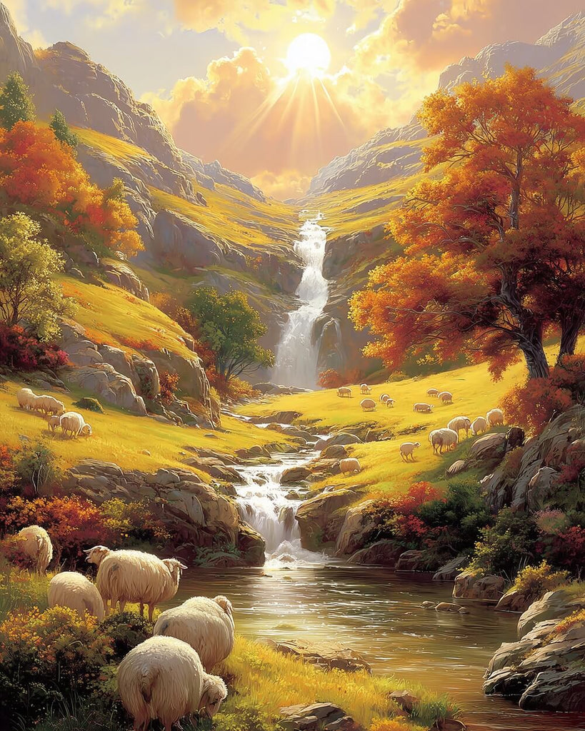 Mountain Waterfall and Flocks of Sheep Paint by Numbers