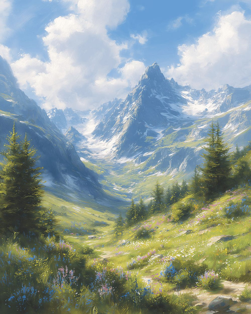 Mountains and Grassy Slopes under White Clouds Paint by Numbers