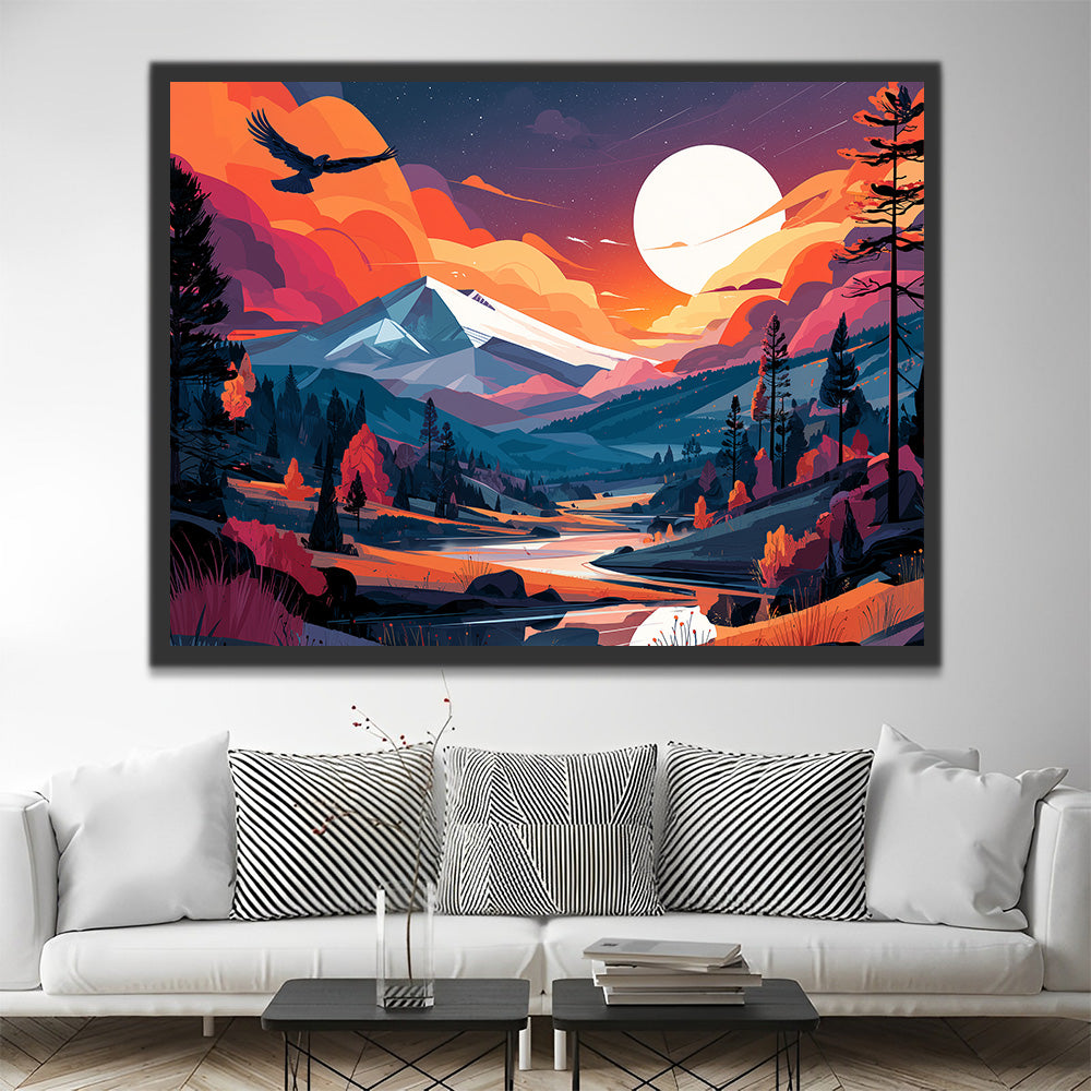Mountains and Winding River under the Bright Moon Paint by Numbers