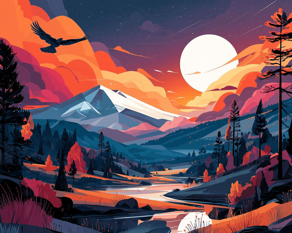 Mountains and Winding River under the Bright Moon Paint by Numbers