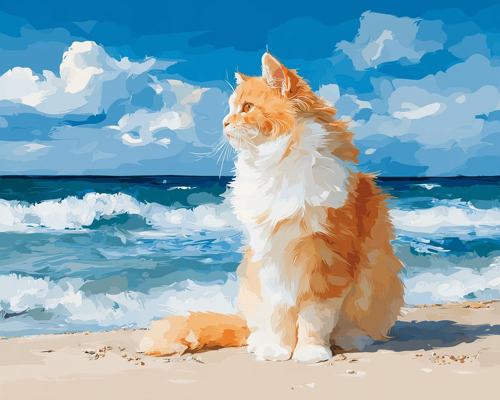 Orange Cat Sitting on the Beach by the Sea Paint by Numbers