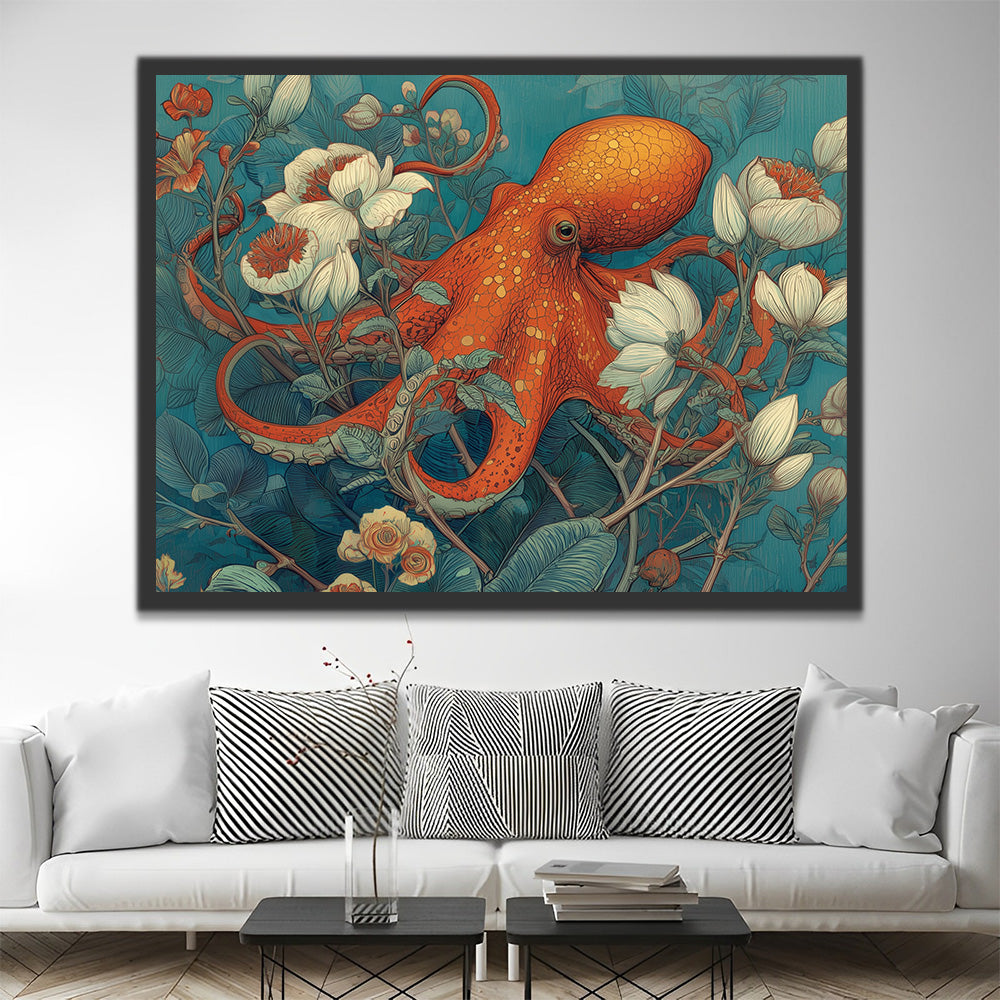Orange Octopus Entwined with White Flower Vines Paint by Numbers