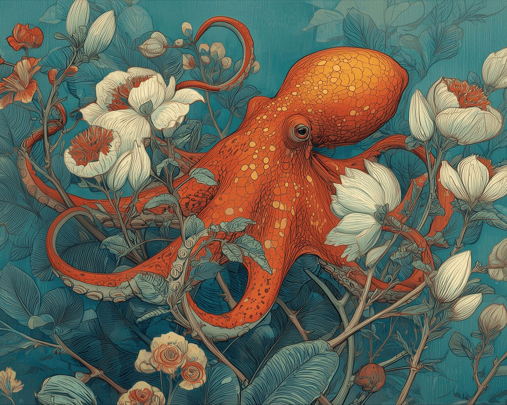 Orange Octopus Entwined with White Flower Vines Paint by Numbers
