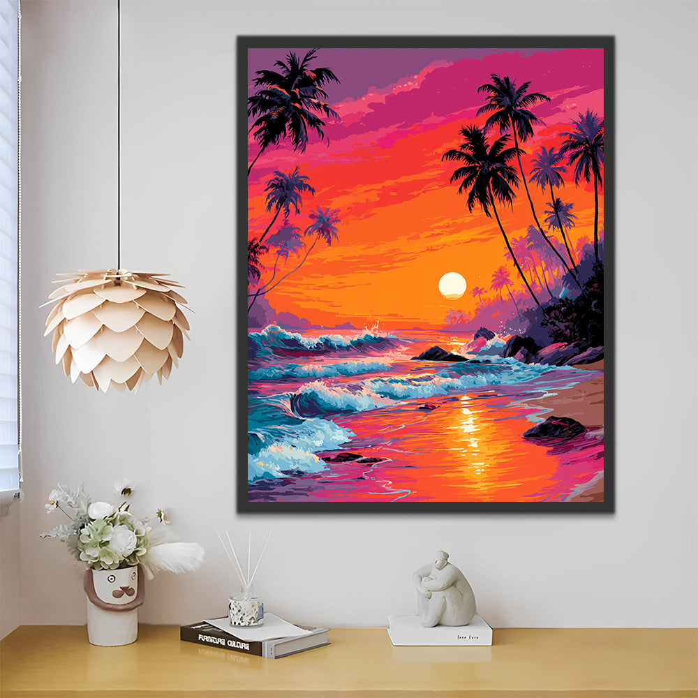 Palm Trees by the Sea at Sunset Paint by Numbers