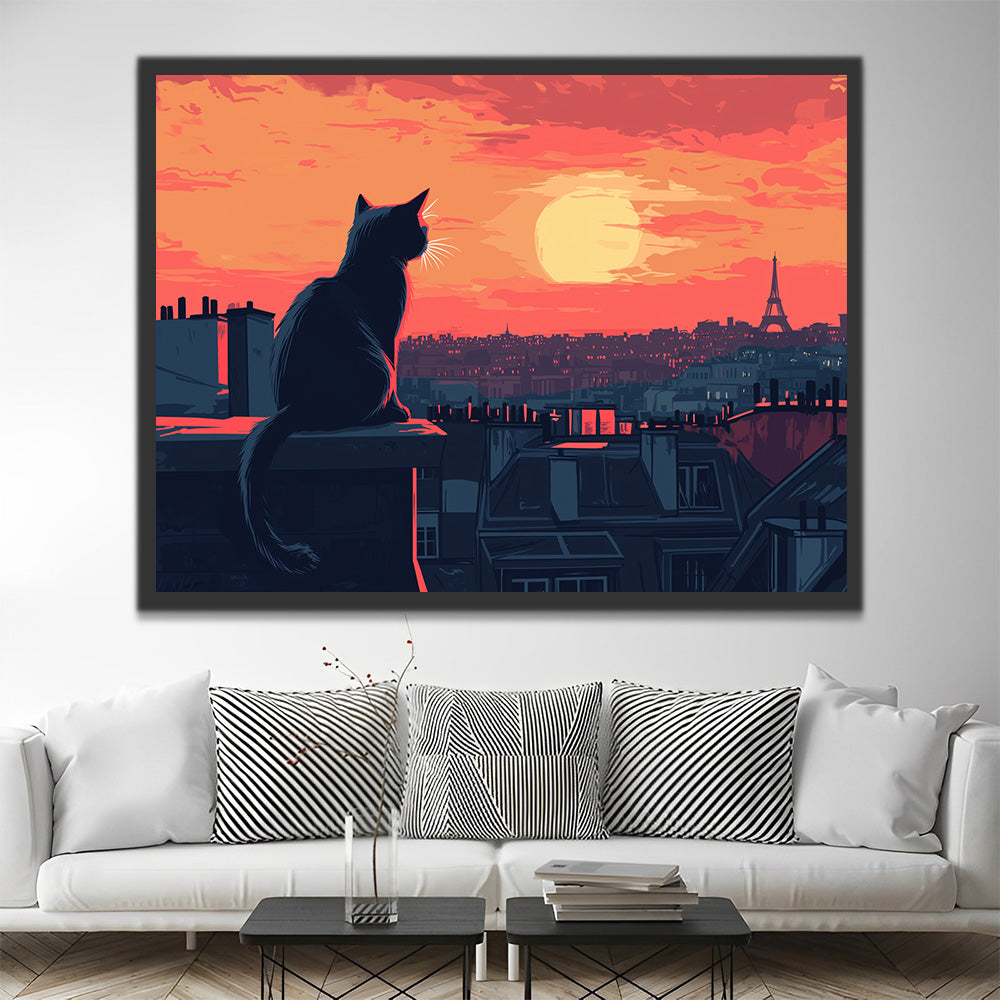 Paris City Cat at Night Paint by Numbers