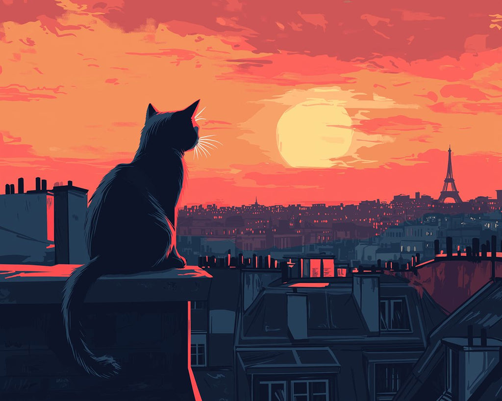 Paris City Cat at Night Paint by Numbers