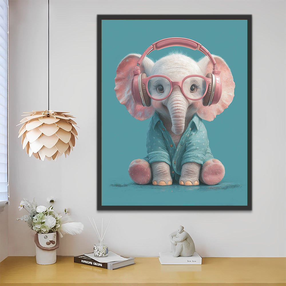 Pink Baby Elephant with Headphones Paint by Numbers