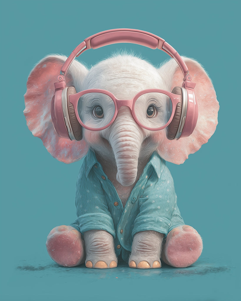 Pink Baby Elephant with Headphones Paint by Numbers