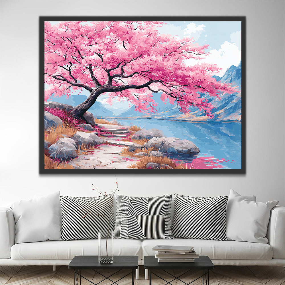 Pink Flower Tree by the River in the Mountains Paint by Numbers