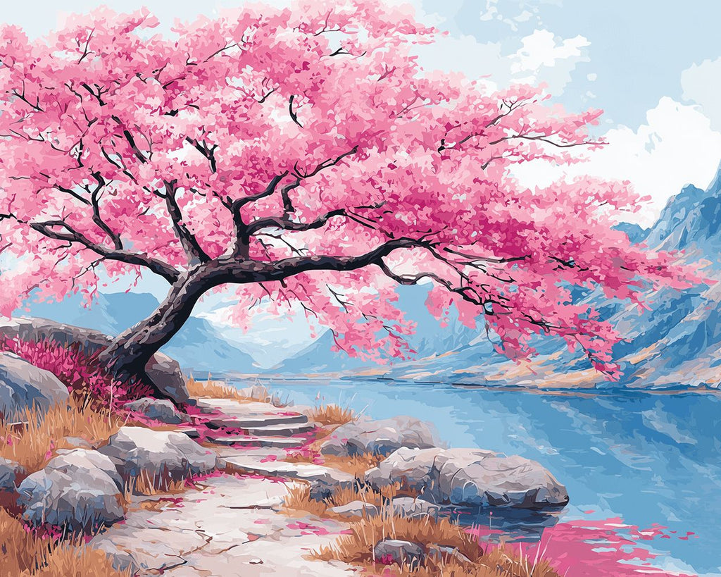Pink Flower Tree by the River in the Mountains Paint by Numbers