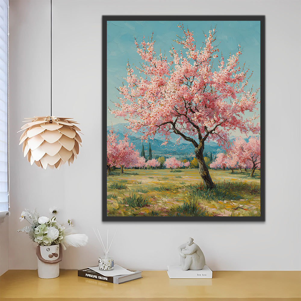 Pink Flower Tree in the Field Paint by Numbers