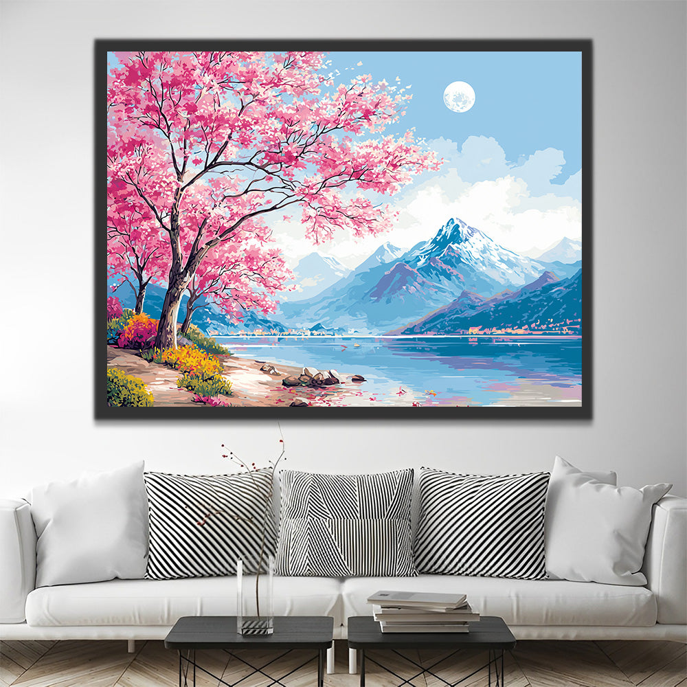 Pink Flower Trees Beside the Mountains Paint by Numbers