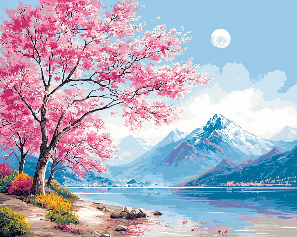Pink Flower Trees Beside the Mountains Paint by Numbers