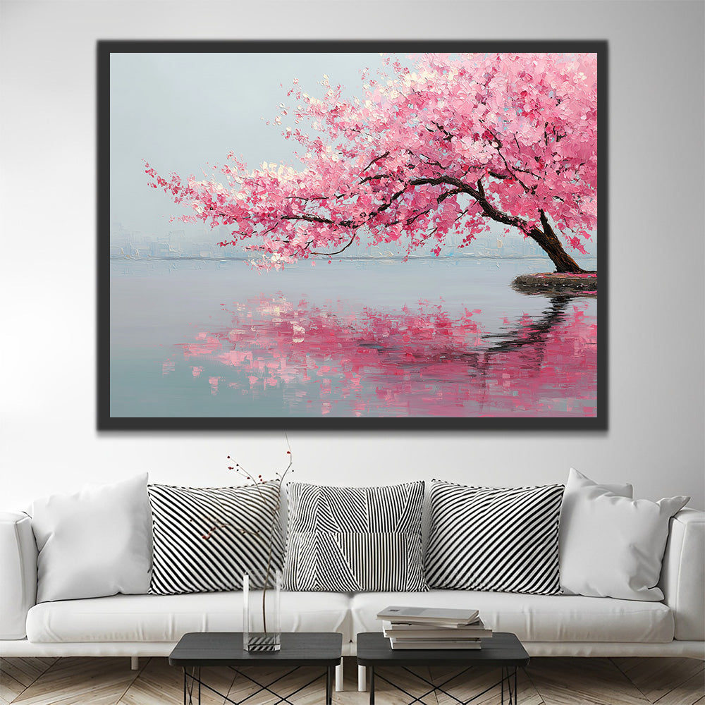 Pink Peach Blossom Tree in the Lake Paint by Numbers