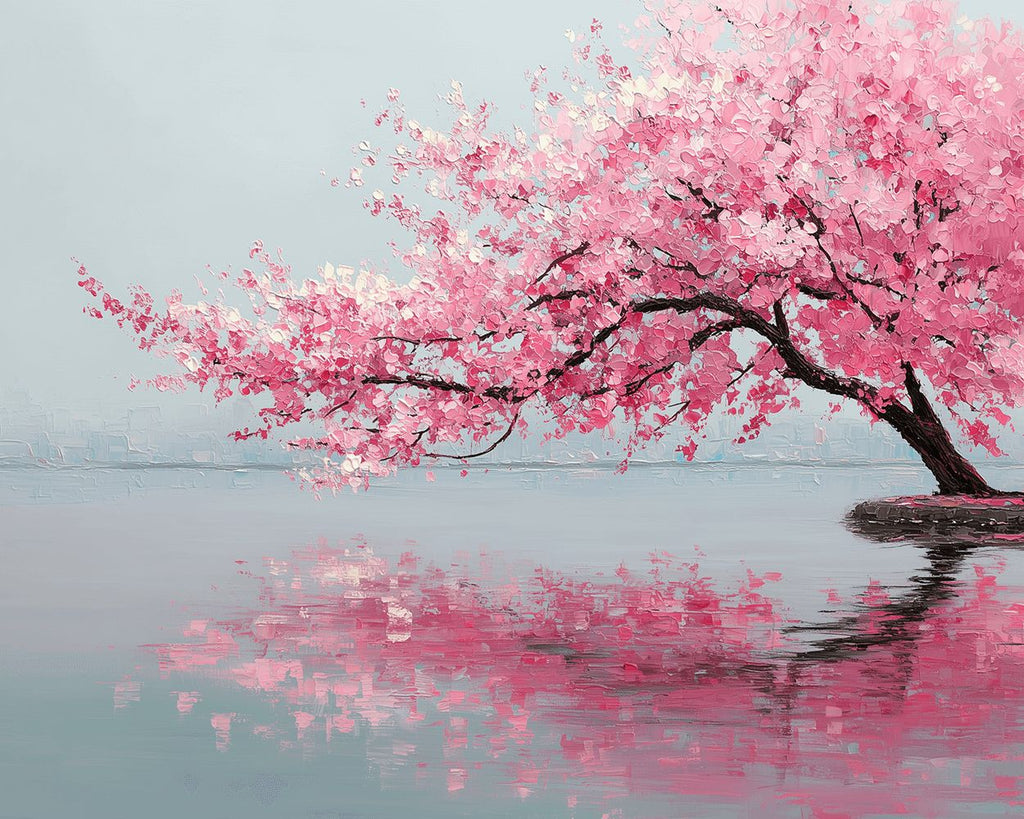 Pink Peach Blossom Tree in the Lake Paint by Numbers
