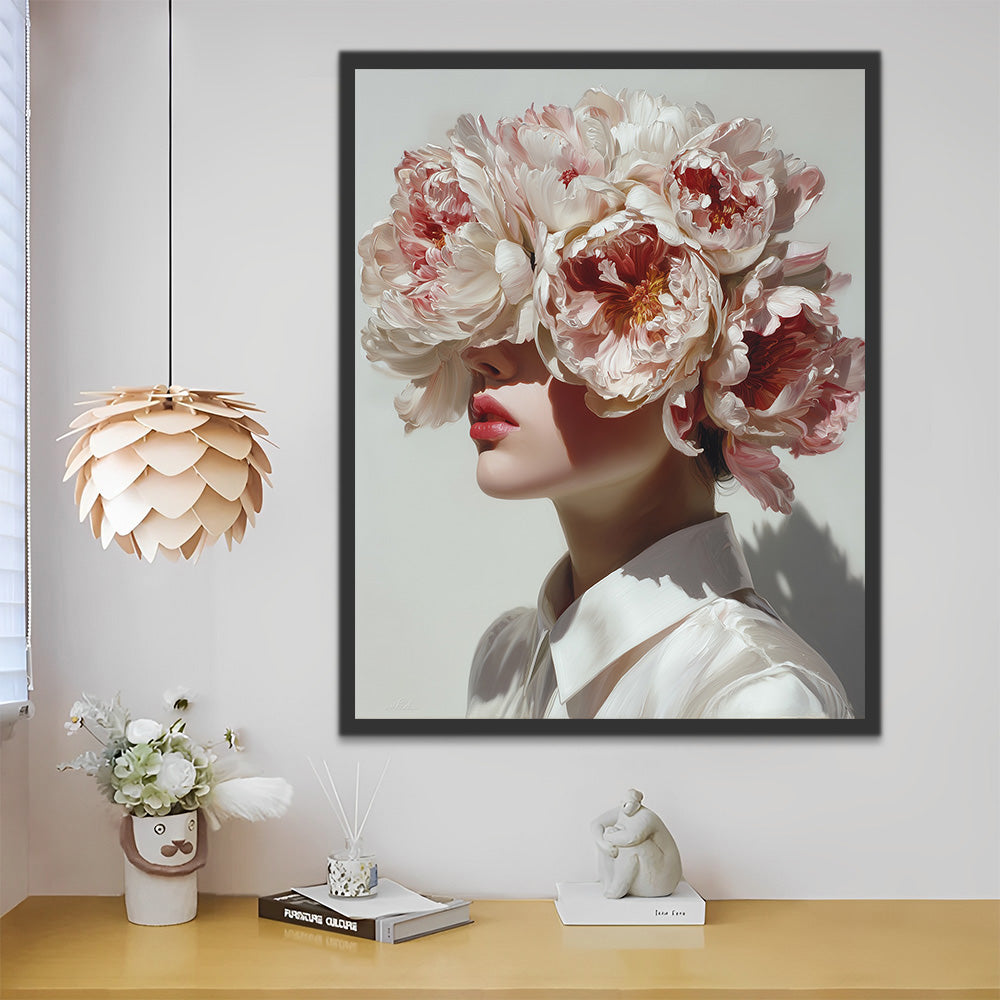 Pink Peony Flower Woman Paint by Numbers